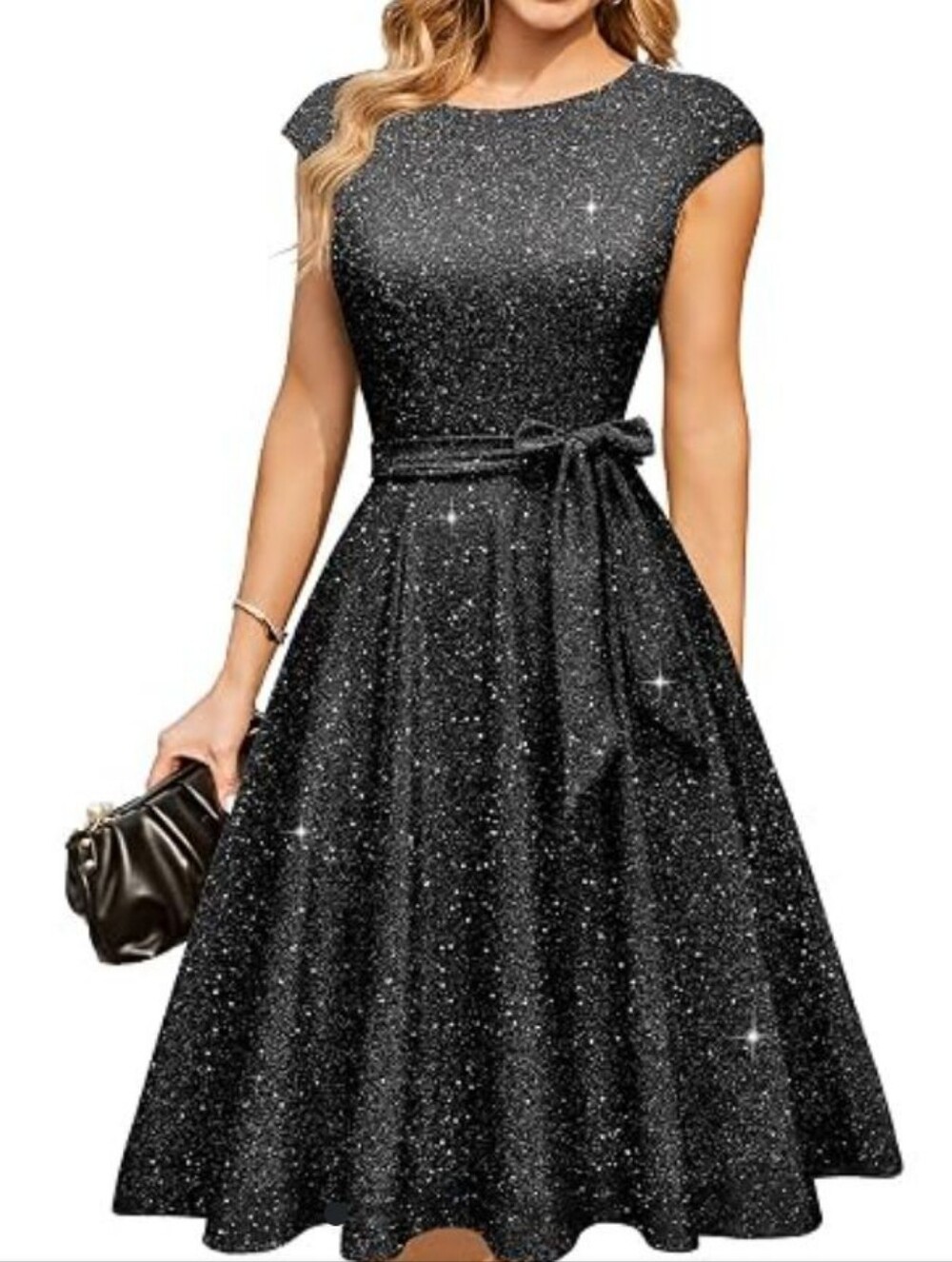 #745 "Dress tells" Sparkly Black Short Sleeve Fit-and-Flare Dress No Belt
